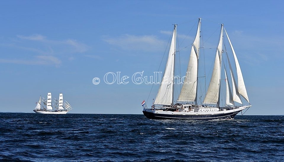 Skonnerten «Eendracht» og barken «Statsraad Lehmkuhl» på vei til Fredrikstad. Her i Ytre Oslofjord