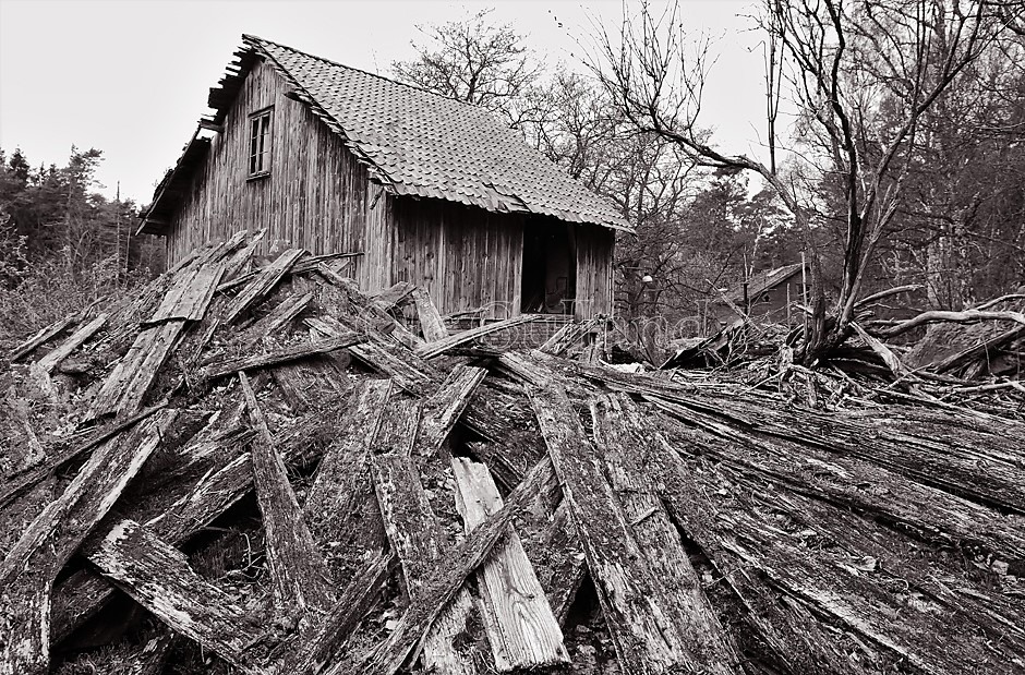 Hus i forfall og mosegrodde materialer